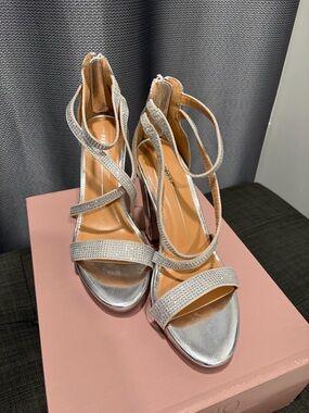 Silver Strappy Heeled Sandals - Women's Evening Shoes